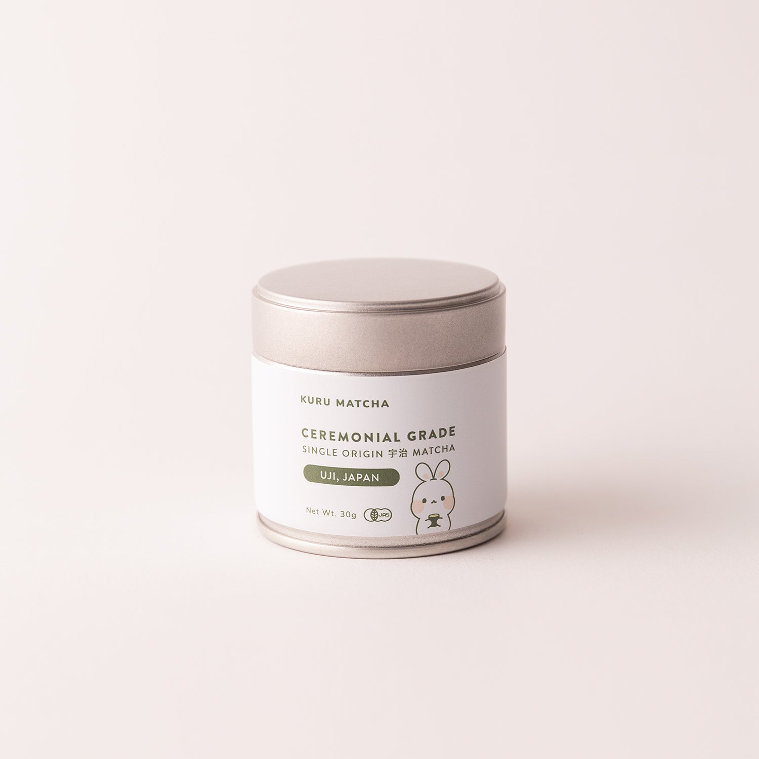 Organic matcha powder in a 30g tin, sourced from Uji, Japan, known for its premium quality and rich flavour