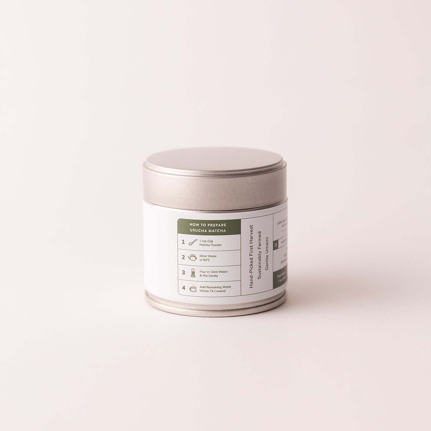 Organic matcha powder tin, with instructions for preparing traditional matcha with grassy and sweet umami notes 